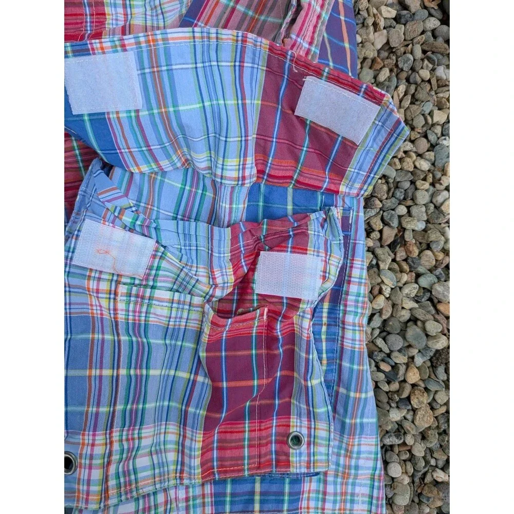 Vintage POLO Ralph Lauren Swim Trunks Board Cargo Shorts Plaid 36 Blue Red Pink